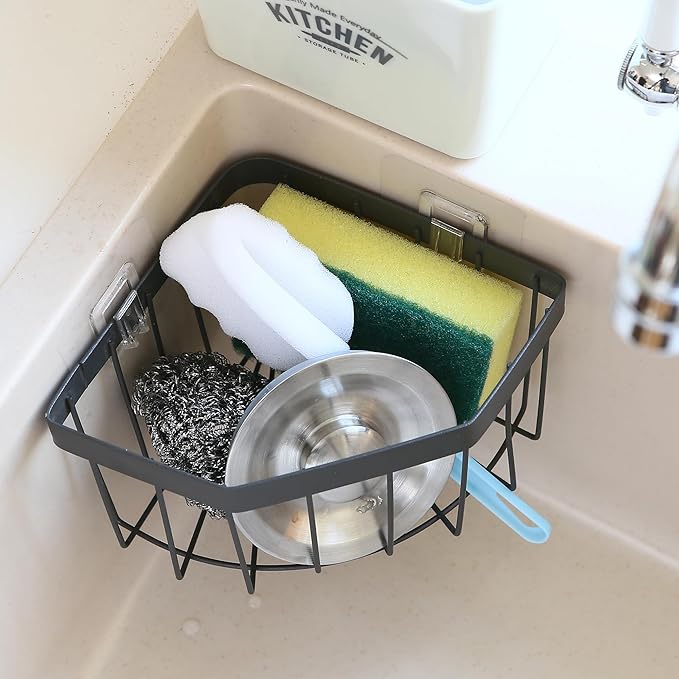 Sea Team Adhesive Corner Caddy, Sink Organizer, Soap, Drain Plug, Sponge Holder, Multifunctional Rustproof Carbon Steel Storage Basket, Wall Mounted Shelf Rack for Kitchen, Bathroom, Charcoal