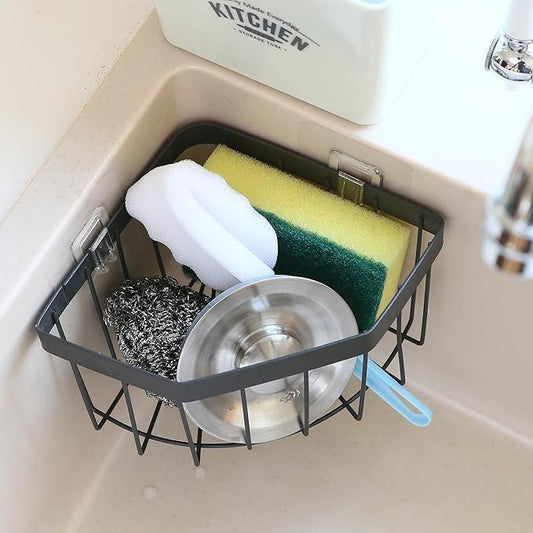 Sea Team Adhesive Corner Caddy, Sink Organizer, Soap, Drain Plug, Sponge Holder, Multifunctional Rustproof Carbon Steel Storage Basket, Wall Mounted Shelf Rack for Kitchen, Bathroom, Charcoal