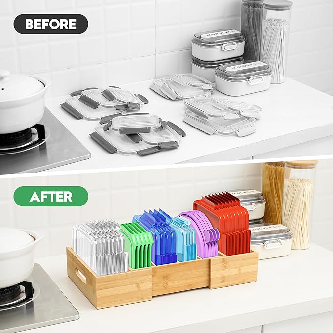 Expandable Food Container Lid Organizers Inside Cabinet, Bamboo Lids Organizer with 3 Adjustable Dividers Groove Design, Food Storage Plastic Lid Holder for Kitchen Storage, Organization