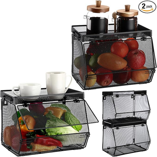 2 Pcs Stackable Mesh Fruit Basket with Lid Wall Produce Vegetable Storage Basket Onion Potato Snack Hanging Metal Wire Container for Kitchen Counter Pantry(Removable,Black,7.1" w & 11.8" l)