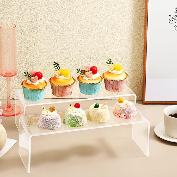 4 Pcs Acrylic Risers Display Stands, 12" x 4" x 4" Clear Acrylic Cabinet Organizer Shelf Kitchen Spice Rack Countertop Display Rack for Dishes, Bottles, Perfumes, Ornaments (5mm Thick)