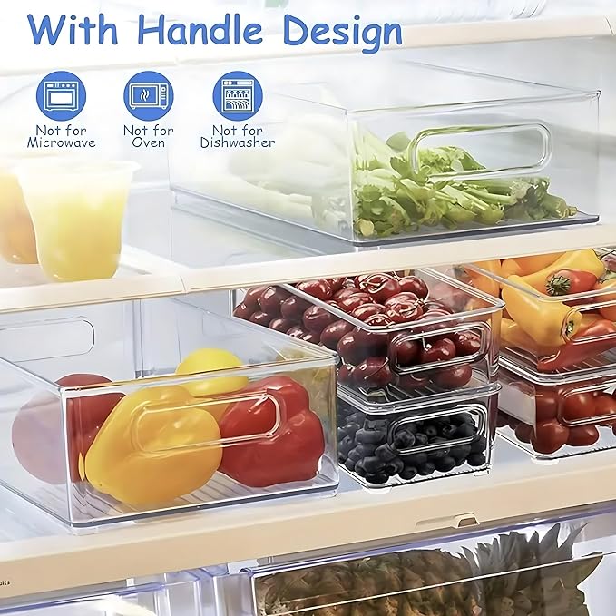 6 Pack Refrigerator Organizer Bins,3 Sizes Stackable Clear Pantry Storage with Handles for Fridge, Freezer, Shelves, Drawer, Snack Organizer for Home & Kitchen