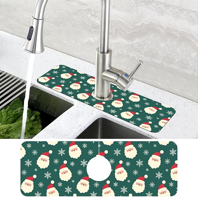 Christmas Kitchen Sink Splash Guard Mat Santa Claus and Snowflakes Sink Splash Guard Faucet Mat Draining Mat Fast Drying Sink Protectors for Kitchen and Bathroom 5.5"×15"