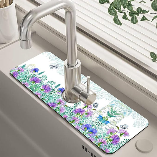 Kitchen Sink Splash Guard Faucet Mat Super Absorbent Fast Drying Mat Guard Behind Faucet Drip Catcher for Kitchen Bathroom (Watercolor Flowers Butterflies, 23.5"X5.5")