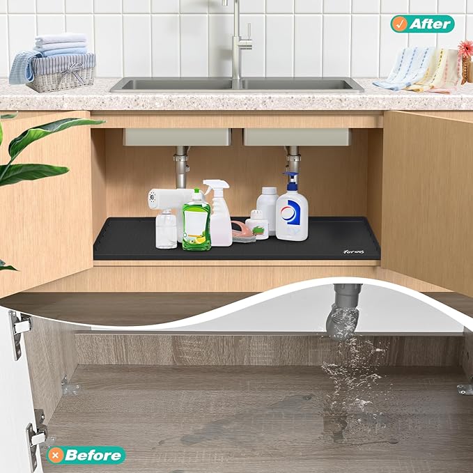 FORWOS Waterproof Under Sink Mat 34" x 22", Silicone Cabinet Liner, Rubber Protector for Kitchen and Bathroom, Keeps Cabinets Clean, Dry, and Organized (Black)