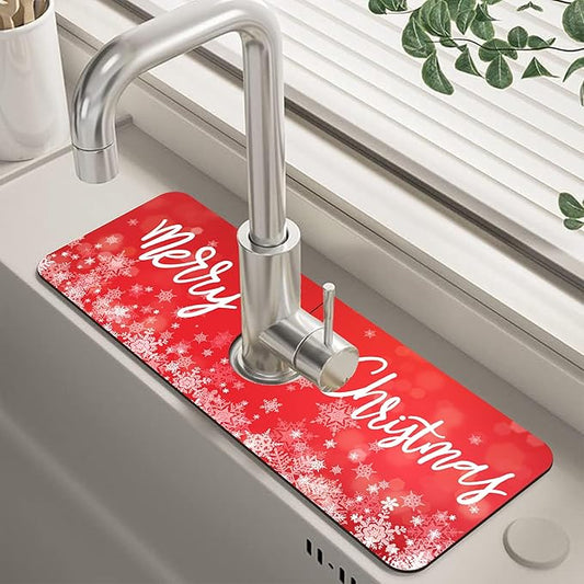 Merry Christmas Snowflake Kitchen Sink Splash Guard Mat Absorbent Fast Drying Mat Faucet Draining Mat Sink Splash Guard Behind Faucet Drip Catcher for Kitchen Bathroom 5.5"×15"