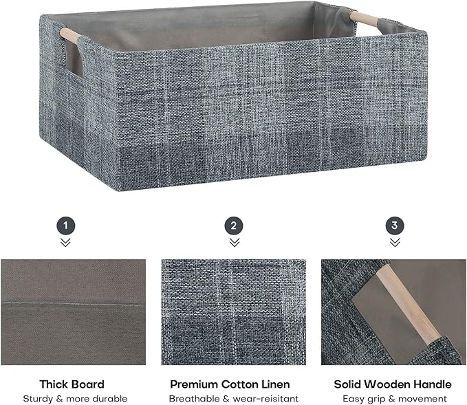 Fabric Storage Bin Box Collapsible Cotton Linen Storage Cube with Wooden Handles Rectangular Decorative Home Organizer Clothes Blanket Basket– Dark Gray Plaid, Large