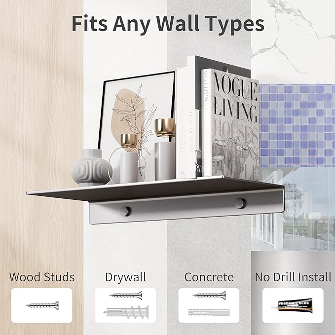 Danpoo Grey Floating Shelves for Wall Storage, Metal Wall Shelves for Living Room, Bathroom, Kitchen, Small Display Shelves for Collectibles, 8”(2 PCS)