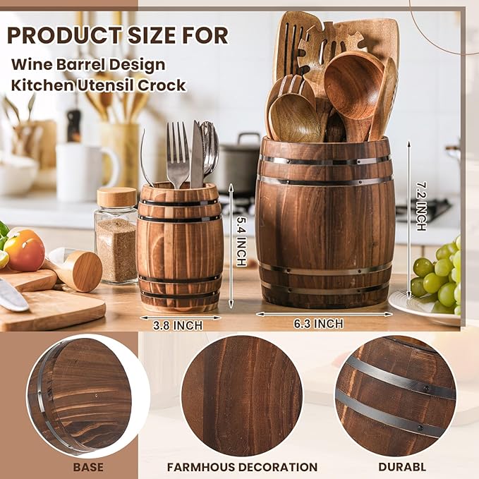 Honeydak 2 Pcs Wood Wine Barrel Kitchen Utensil Crock 7"+5.3" Vintage Rustic Burnt Cooking Tool Holder Western Wine Barrel Vase Planter Cooking Tool Holder Farmhouse Wedding Party Decoration