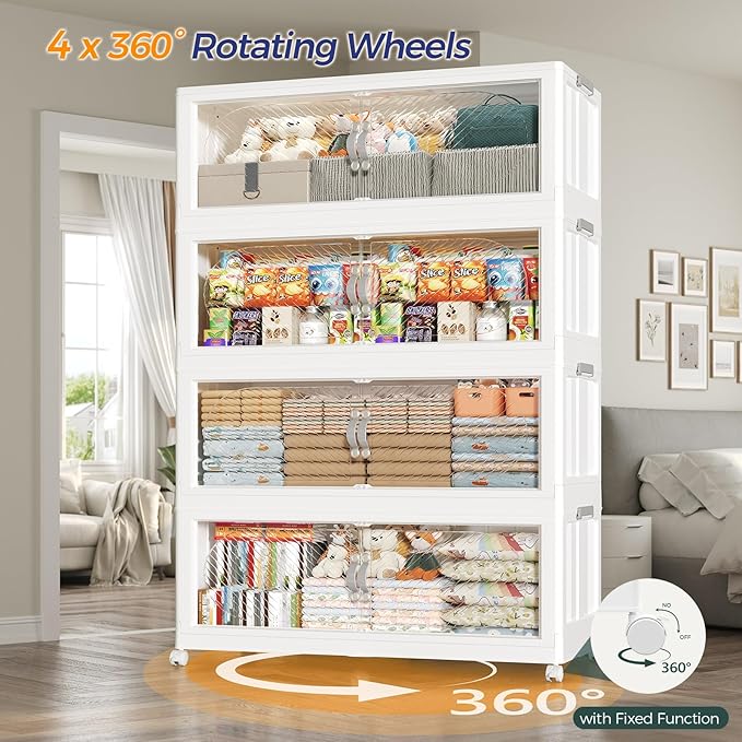QAVABIN 480QT Extra Large Stackable Storage Bins with Lid, 120Gal Plastic Closet Organizers and Storage Drawer, Collapsible Cabinet Box with Wheels Clear Doors for Home Kitchen Office, 3Pack White