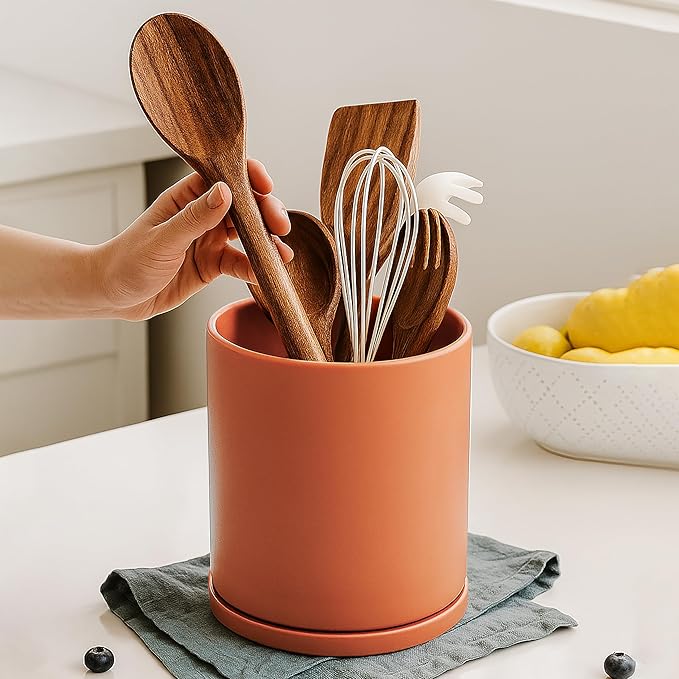 D'vine Dev 360° Rotating Utensil Holder – 7.2" Kitchen Utensil Crock for Countertop, Modern Cooking Tool Organizer for Kitchen Storage & Décor, Set of 2, Pumpkin, 72-Y-E-2