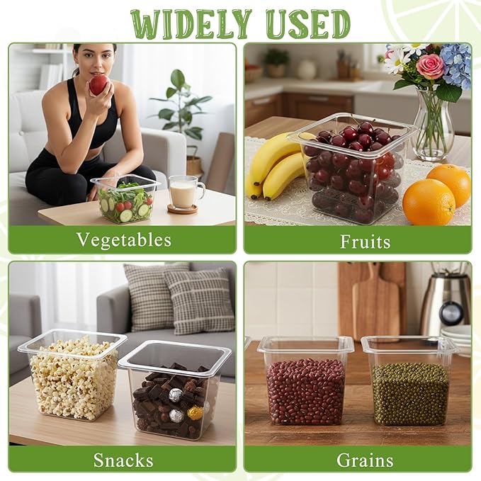 Plastic Food Pan with Lids 1/6 Size Stackable Food Containers with Capacity Indicator Restaurant Commercial Hotel Pans for Prep Tables, Salad Bar and Home Kitchen(6 PCS, 6'' Deep)