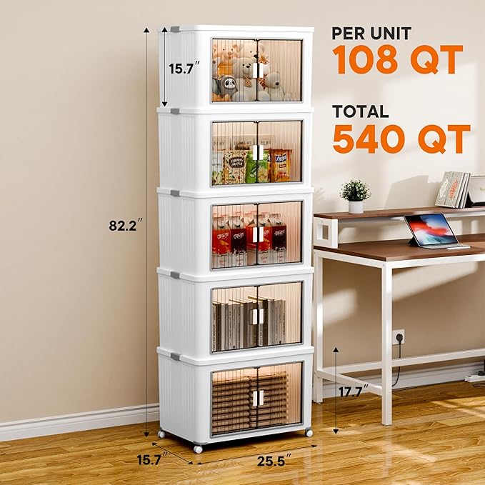 5 Tier 540 Qt Plastic Storage Bins and Boxes Organizer - Stackable Storage Bins with Lids for Bedroom, Bathroom, Laundry Room, Living Room, Office, Camping - Foldable Containers
