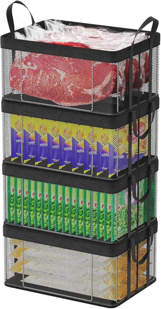 iSPECLE Freezer Organizer Bins - 4 Pack Large Stackable Deep Freezer Organizer Bins for 10 to 20 Cu.Ft Easy Get Bottom Foods, Chest Freezer Organizer Prevent Frozen Food Waste, Black