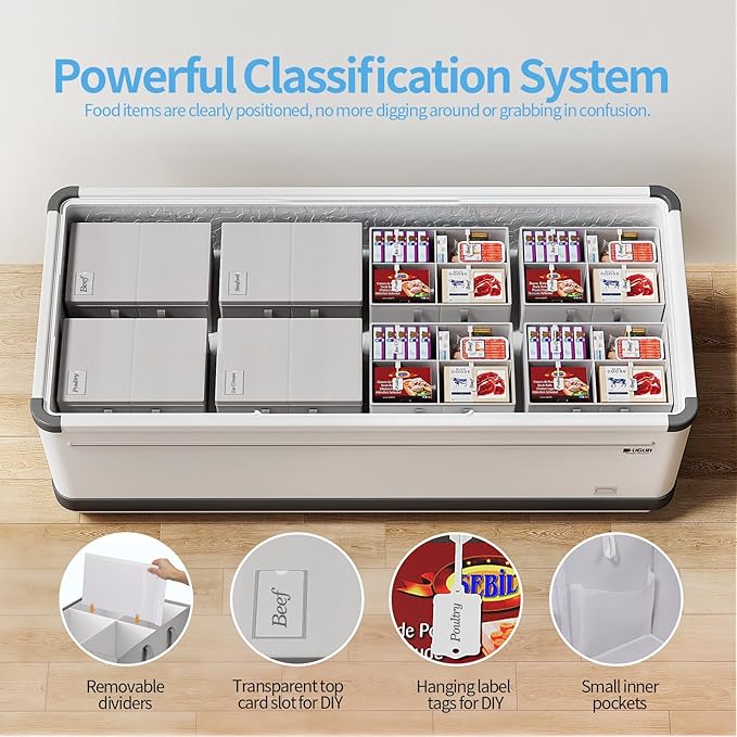 Housolution 2 Pack Freezer Organizer Bins, Collapsible Deep Chest Freezer Organizer Bins with Removable Dividers, Label Pockets, Waterproof Freezer Storage Bins with Portable Handle (19"x14"x9")
