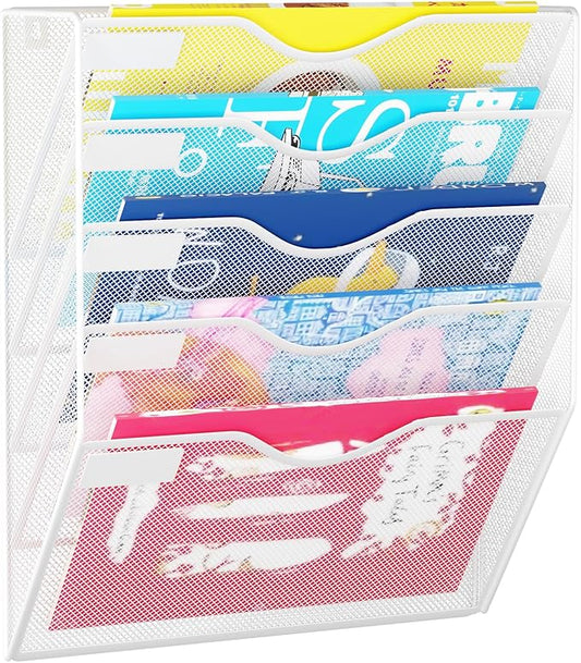 5 Pockets Hanging Wall File Organizer Mail Holder, Wall Mounted Paper Document Folder Holder, Clipboard Storage Organization Magazine Rack, White