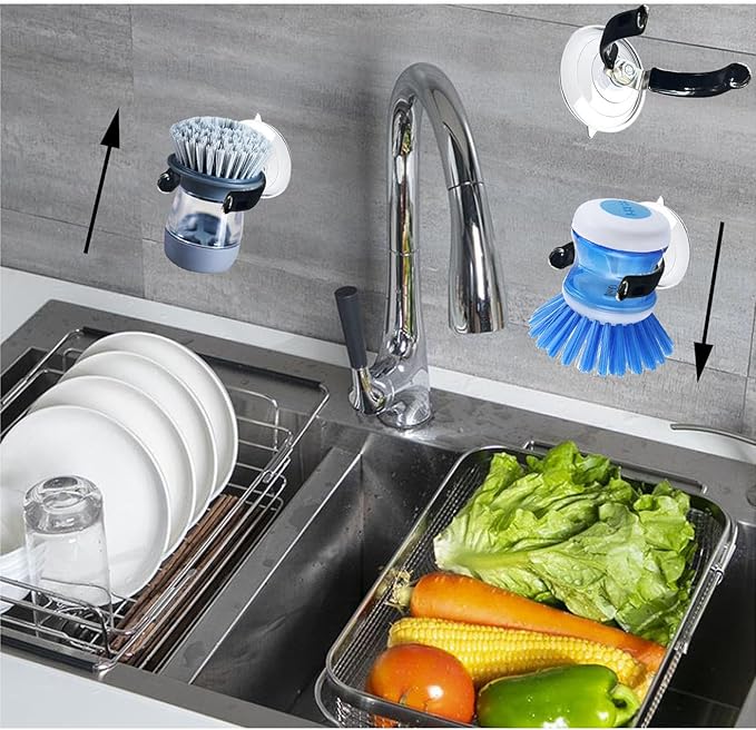 Soap Dispensing Palm Brush Holder Dish Brush Holder for Kitchen Dish with Soap Dispenser Pot with a Traceless Suction Cup (Big)