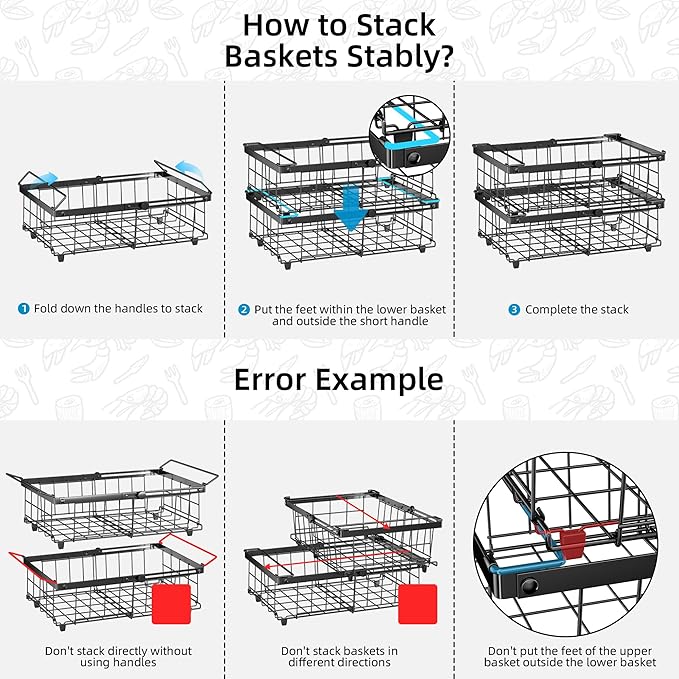 Deep freezer organizer bins-Fit 10 to 20 Cu.FT，2 Pcs stackable wire baskets for freezer，Vegetable Fruit Basket，kitchen countertop organizer，pantry organizers and storage，Expandable length 11.42-17.91"
