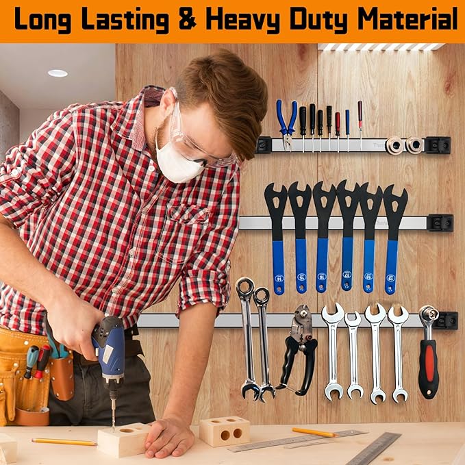 12" Magnetic Tool Holder Strip, 4 Pieces Silver Metal Tool Organizer Rack with Stainless Steel Surface, Magnet Bar for Garage Workshop, Easy To Install with Mounting Screws