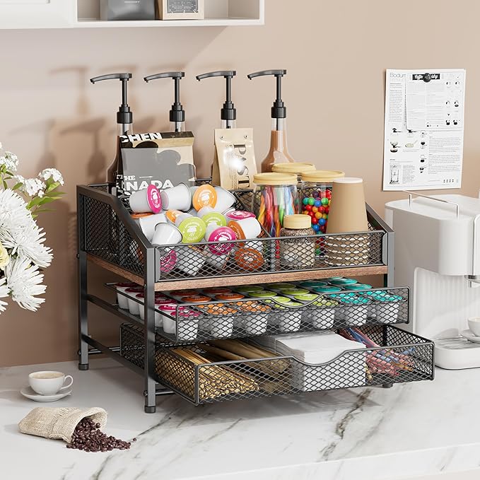 Coffee Bar Organizer for Countertop, Coffee Station Organizer with Removable Dividers, Metal and Wood K Cup Holder Storage Basket for Pods, Syrup, Stirrer and Condiment, Black and Brown