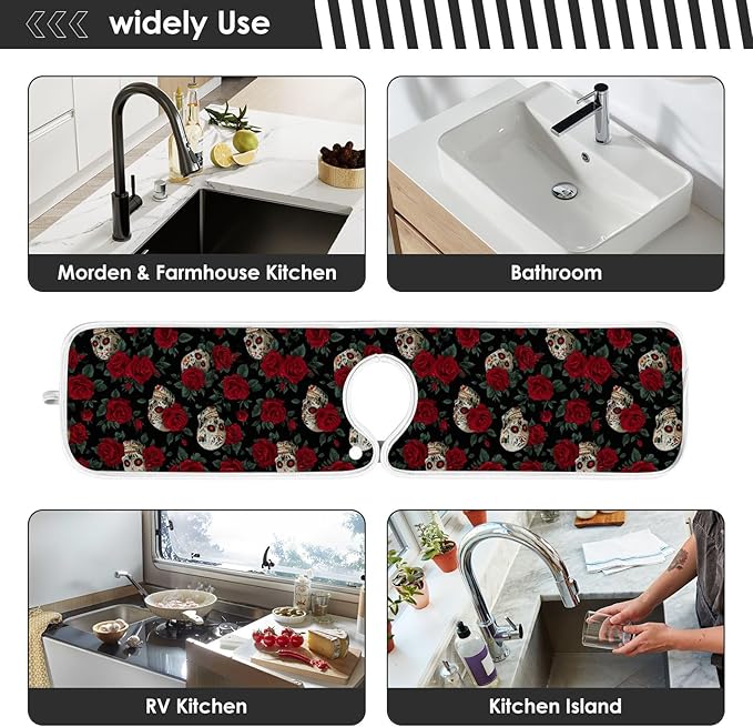 2 PCS Kitchen Sink Splash Guard 14.9 Inch Faucet Mat for Kitchen Sink Bathroom Sink Faucet Absorbing Drip Drain Mat Pad Microfiber Soft Washable Black Mexico Skulls and Red Roses