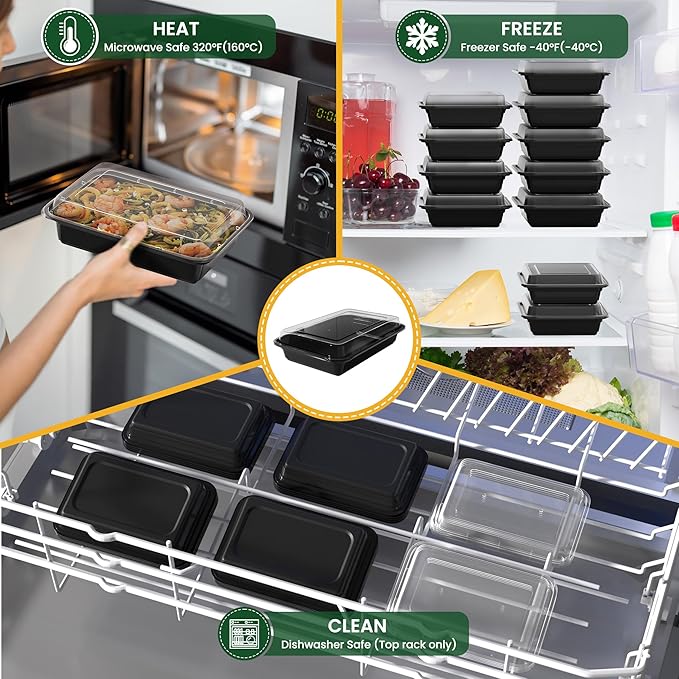 Geisoun 32oz Meal Prep Containers [50-Pack], Reusable Bento Box with Easy-Snap Leakproof Lids - Microwave, Dishwasher & Freezer Safe Food Storage, BPA-Free Plastic Lunch Containers (Black)
