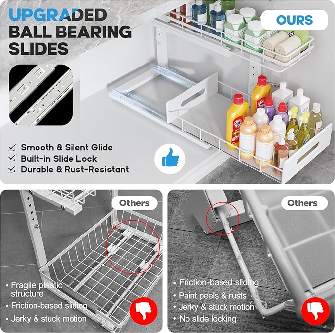 1 Pack 18 IN Depth Under Sink Organizer with Smooth Ball Bearing Slides,2-Tier Pull Out Cabinet Storage,Slide Out Drawers for Bathroom&Kitchen,Rust-resistant Coating,Height Adjustable-White