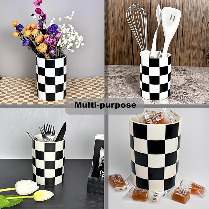 Checkered Utensil Holder, 4.13''x5.71 Utensils Caddy for Kitchen Counter, Medium Size Utensil Crock for Countertop, Utensils Organizer Storage for Parties Dining-Modern black and White