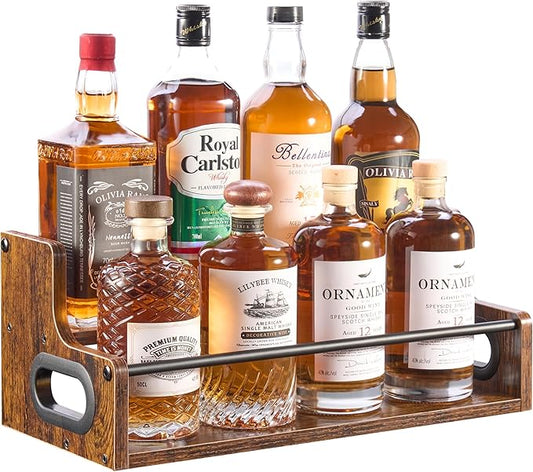 2-Tier Liquor Bottle Display Shelf, Coffee Syrup Rack Organizer, Water Bottle Organizer, Mini Bar Cabinet, Rustic Bar Shelves for Liquor Whiskey, Spirits