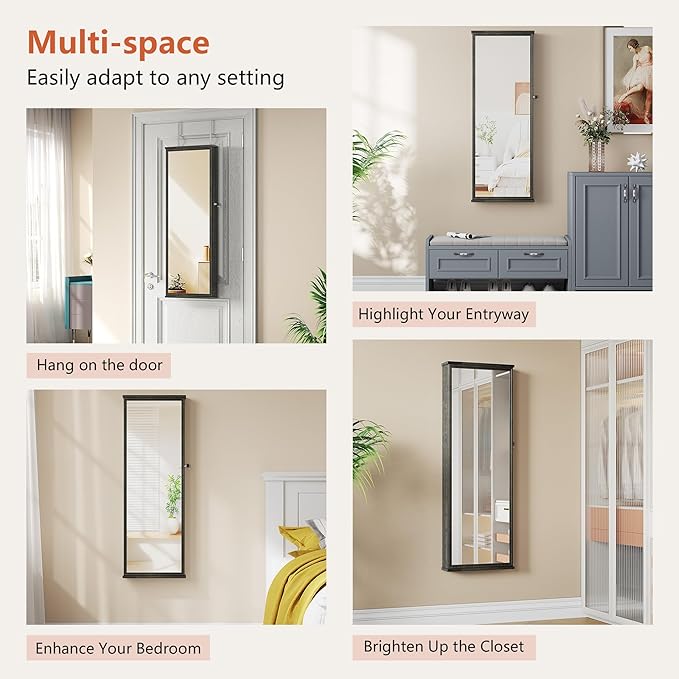 43.5" Over the Door Jewelry Organizer, Mirror with Storage and Lockable, Full Length Mirror Cabinet with Hanging Holder & Built-in Lights Makeup Mirror, Women/Girls (Wood Grain Brown)