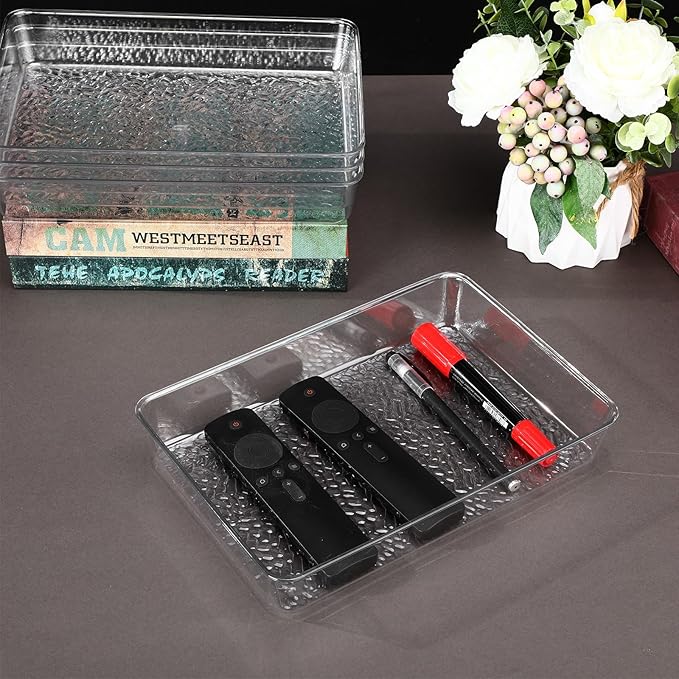 12 Pcs Plastic Drawer Organizer Trays, 10" x 7", Acrylic Organizers with Pebble-textured Clear Desk Storage Tray for Makeup, Jewelries, Kitchen Utensils, Bathroom and Office