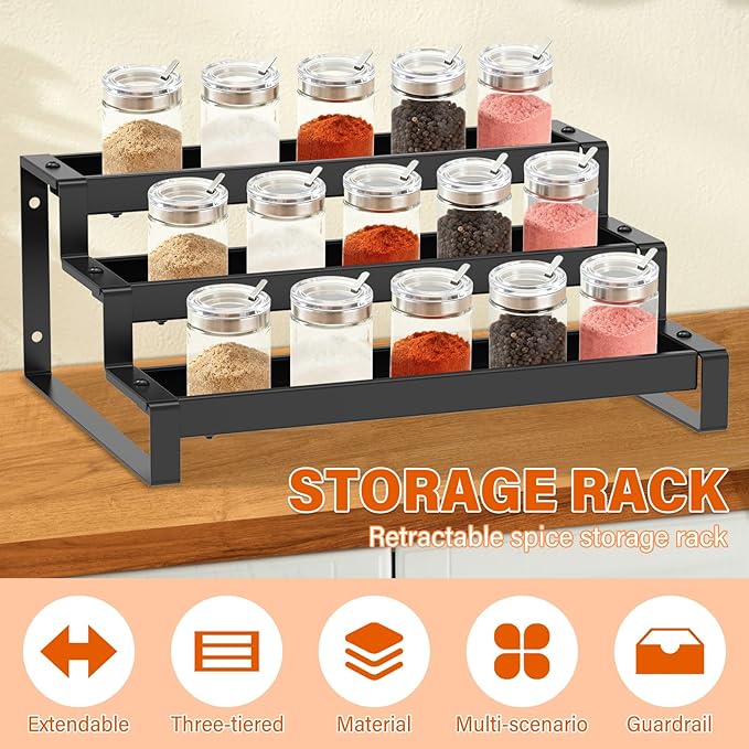 3-Tier Spice Rack Organizer for Cabinet,14.5"-26" Expandable Spice Organize Shelf,Carbon Steel Display Shelf for Jars and Bottles, Seasoning Organizer for Kitchen Pantry Countertop