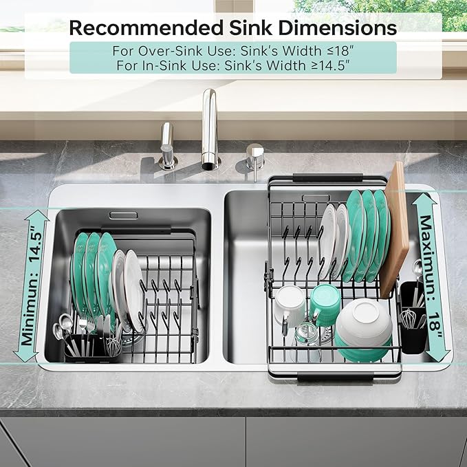 Dish Drying Rack in Sink - Expandable (14.5''-18''L) Over The Sink Dish Rack with Utensil Holder, Space-Saving Dish Drainer for Kitchen Counter, 1 Piece, Matte Black