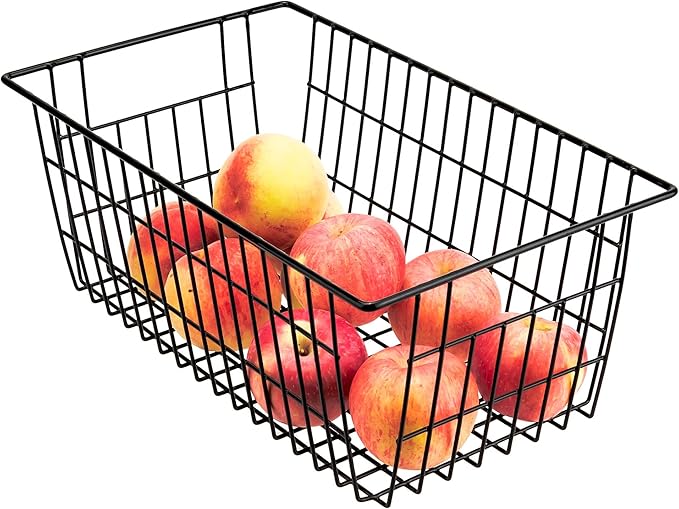 blitzlabs Wire Storage Basket Organizer Bins Farmhouse Metal Basket Pantry Large Organizing Storage Bin Baskets for Kitchen Cabinets, Pantry, Freezer, Bathroom,Closets-Set of 3-Black