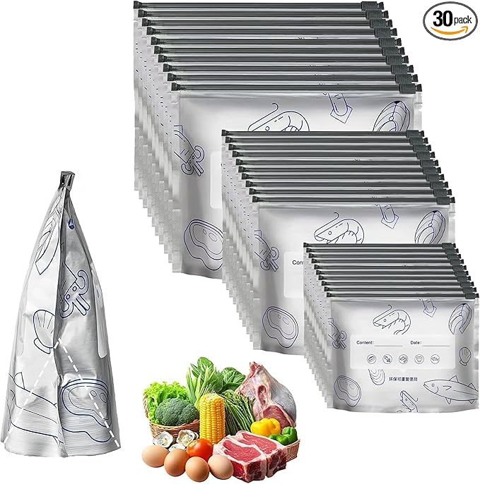 Reusable Aluminum Foil Sealable Storage Bags - 30PCS Reusable Aluminum Foil Freezer Bags - Stand Up Foil Sealable Bags with Zip Lock for Vegetable Fruit Meat