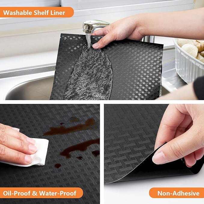 StaHom Shelf Liners for Kitchen Cabinets Refrigerator Liners Waterproof & Oil-Proof Kitchen Cupboard Liner Non-Slip Drawer Mats EVA Non Adhesive Fridge Liner for Shelves - Black 17.5 x 78.7 Inch