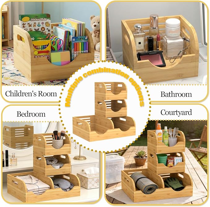 Upgraded 3 Tier Bamboo Pantry Storage Bins, Stackable Potato and Onion Storage Bin with Airflow Vent, Potato Storage, Pantry Baskets, Vegetable Storage, for Kitchen Countertop, Cabinet, Living Room