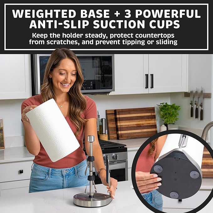 Stainless Steel Tension Arm Paper Towel Holder - Easy One-Handed Operation - This Sturdy Weighted Paper Towel Dispenser Countertop Model Has Suction Cups and Holds All Paper Towel Rolls (Silver)