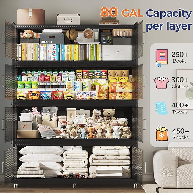 Fangtueh 240 Gallon Extra Large Collapsible Storage Bin with Lid, 960QT Stackable Plastic Organizer with 6x Wheels, Foldable Drawer Cabinet for Closet, Living Room Office, Kitchen 3Pack, Black