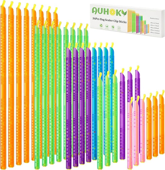 36Pcs Plastic Bag Sealer Sticks, AUHOKY Reusable Bag Sealing Clips with 5 Different Sizes, Keep Bags Airtight Watertight & Food Fresh, Easy Storage Accessories for Kitchen (Random Colors)