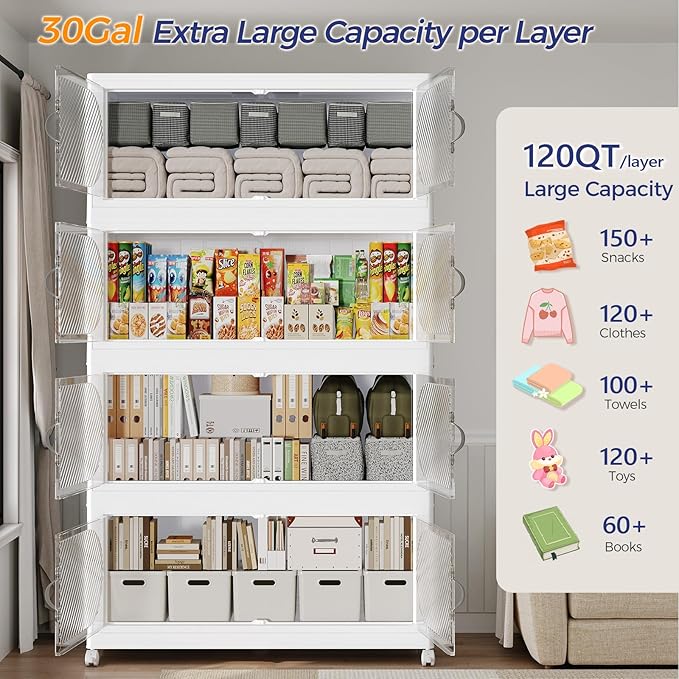 600QT Extra Large Stackable Storage Bins with Lid, 150Gal Plastic Closet Organizers and Storage Drawer, Collapsible Cabinet Box with Wheels Clear Doors for Home Kitchen Office, 5Pack White