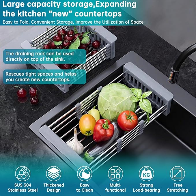 Over The Sink Dish Drying Rack Gray, Stainless Steel Drainer Drying Basket for Kitchen Sink Retractable Sink Dish Drying Rack Expandable Organizer for Dishes, Vegetables, and Fruits