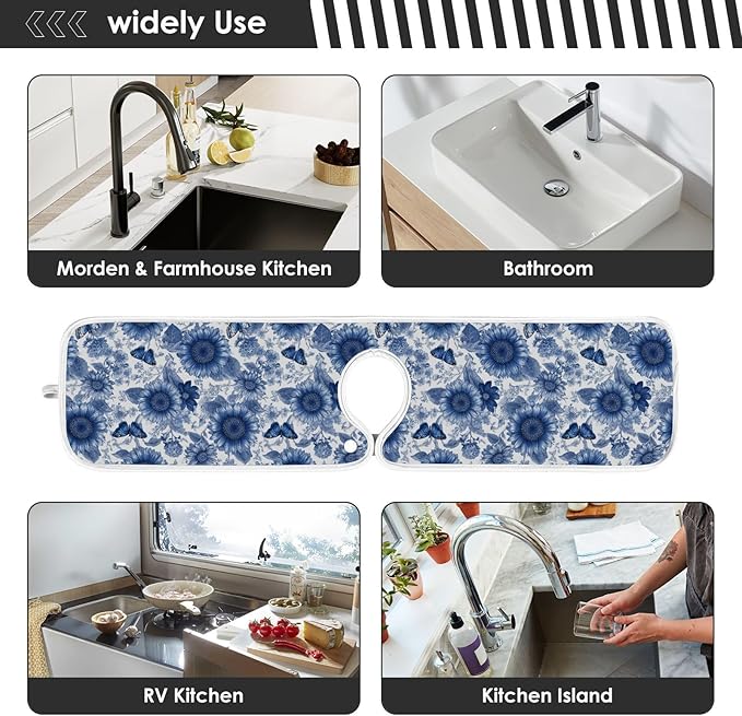 2 PCS Kitchen Sink Splash Guard 30 Inch Faucet Mat for Kitchen Sink Bathroom Sink Faucet Absorbing Drip Drain Mat Pad Microfiber Soft Washable Vintage Beige and Blue Sunflowers Butterflies