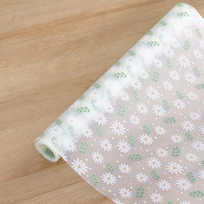 Daisy Shelf Liner for Kitchen Cabinets – Non-Adhesive, Non-Slip Drawer & Refrigerator Liner – Waterproof, Washable Cabinet Mat Floral Pattern, Easy to Cut & Install – Fits Pantry, Bathroom, Office
