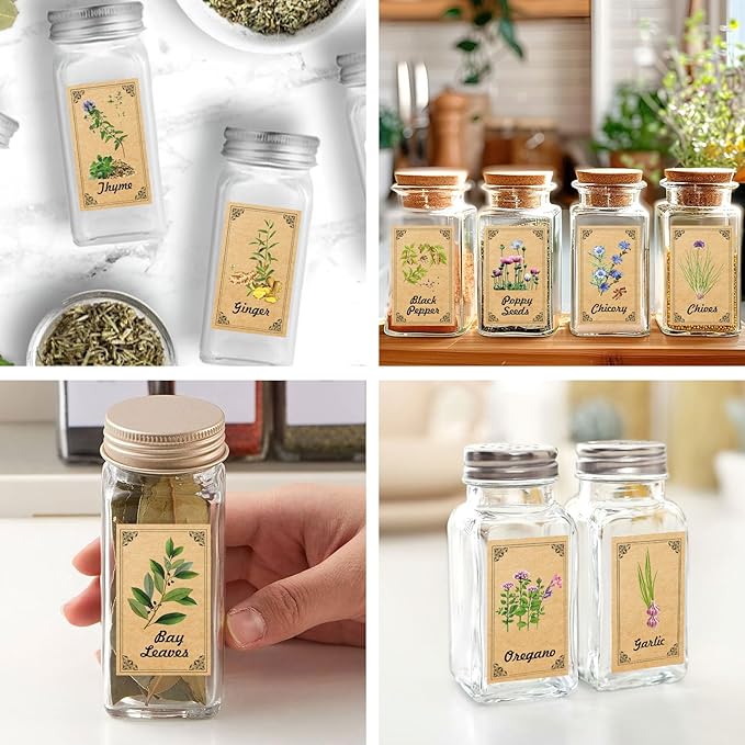 48PCS Herb and Spice Labels for Jars Bottles, Vintage Jars Stickers for Spice Cabinet Organization, Apothecary Labels Herblist Supplies(1.4"x2.4")