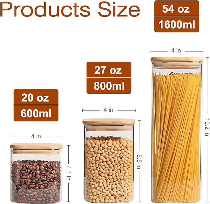 Glass Food Storage Jars Set of 3 with Bamboo Lid Airtight Glass Storage Canister, Square Kitchen Clear Food Storage Container Jar, for Pasta, Coffee, Cookies, Nuts, Cereal, Oats, Flour