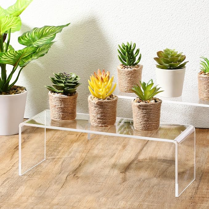 4 Pcs Acrylic Risers Display Stands, 12" x 4" x 4" Clear Acrylic Cabinet Organizer Shelf Kitchen Spice Rack Countertop Display Rack for Dishes, Bottles, Perfumes, Ornaments (5mm Thick)