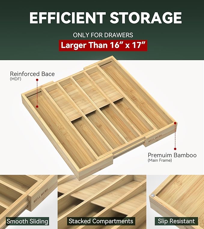 Expandable Silverware Organizer, Utensil Drawer Organizer & Cutlery Tray Dividers for Spoons Forks Knives (10 Slot,Natural Bamboo), 10.6”-16:Wx16.7”Dx1.97”H