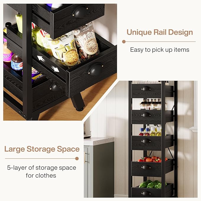 Tribesigns Wood Fruit and Vegetable Storage Rack Set of 2, 5-Tier Narrow Snack Stand Kitchen Stand Fruit Basket, Pull-Out Utility Organizer for Kitchen, Living Room, Black