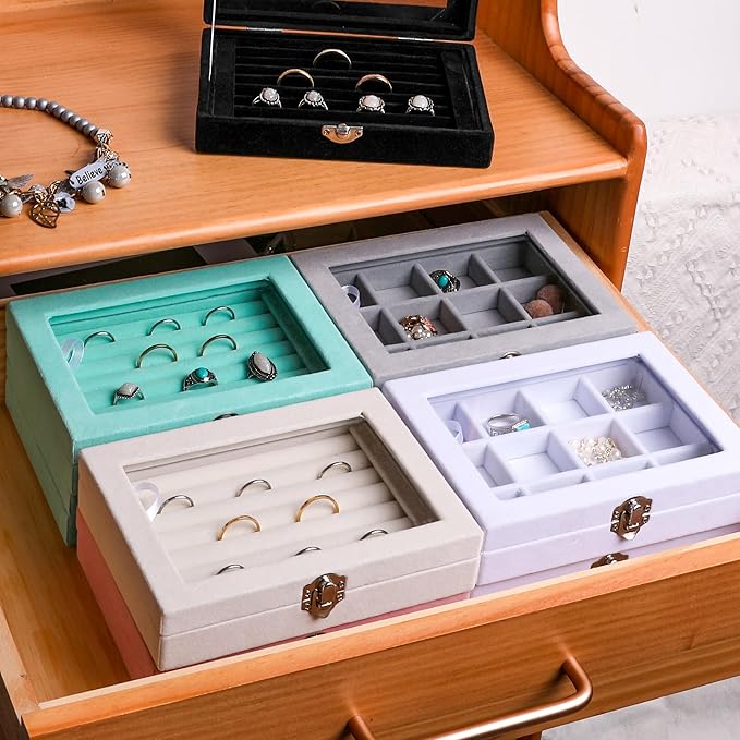 Frebeauty Rings/Earring Organizer Tray with Clear Lid,7 Slots Ring Box Velvet Ring Holder Drawer Insert Jewelry Storage Box Jewelry Display Case Jewelry Box Gift for Women and Girls(Grey,7 Slots)